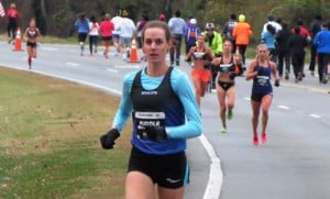 Molly Huddle leads Kim Conley (orange shorts), Sara Hall (black uniform) and Emily Sisson at the 2014 .US 12-K Championships (photo by Jane Monti for Race Results Weekly)