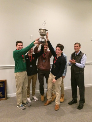 The Wellesley boys (with coach Tim Broe) hoist the 2017 Mahon Cup